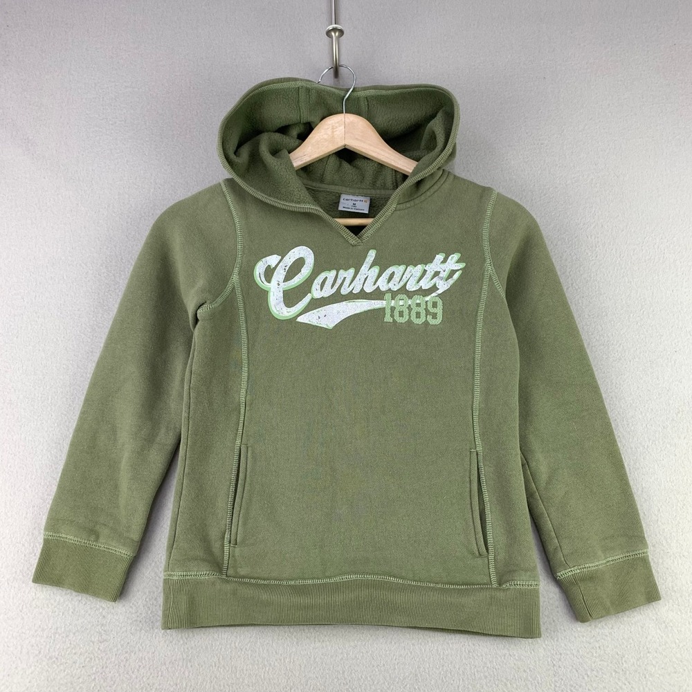 Carhartt Logo Hoodie Kids Size M (10) Green French Terry Pullover Sweatshirt